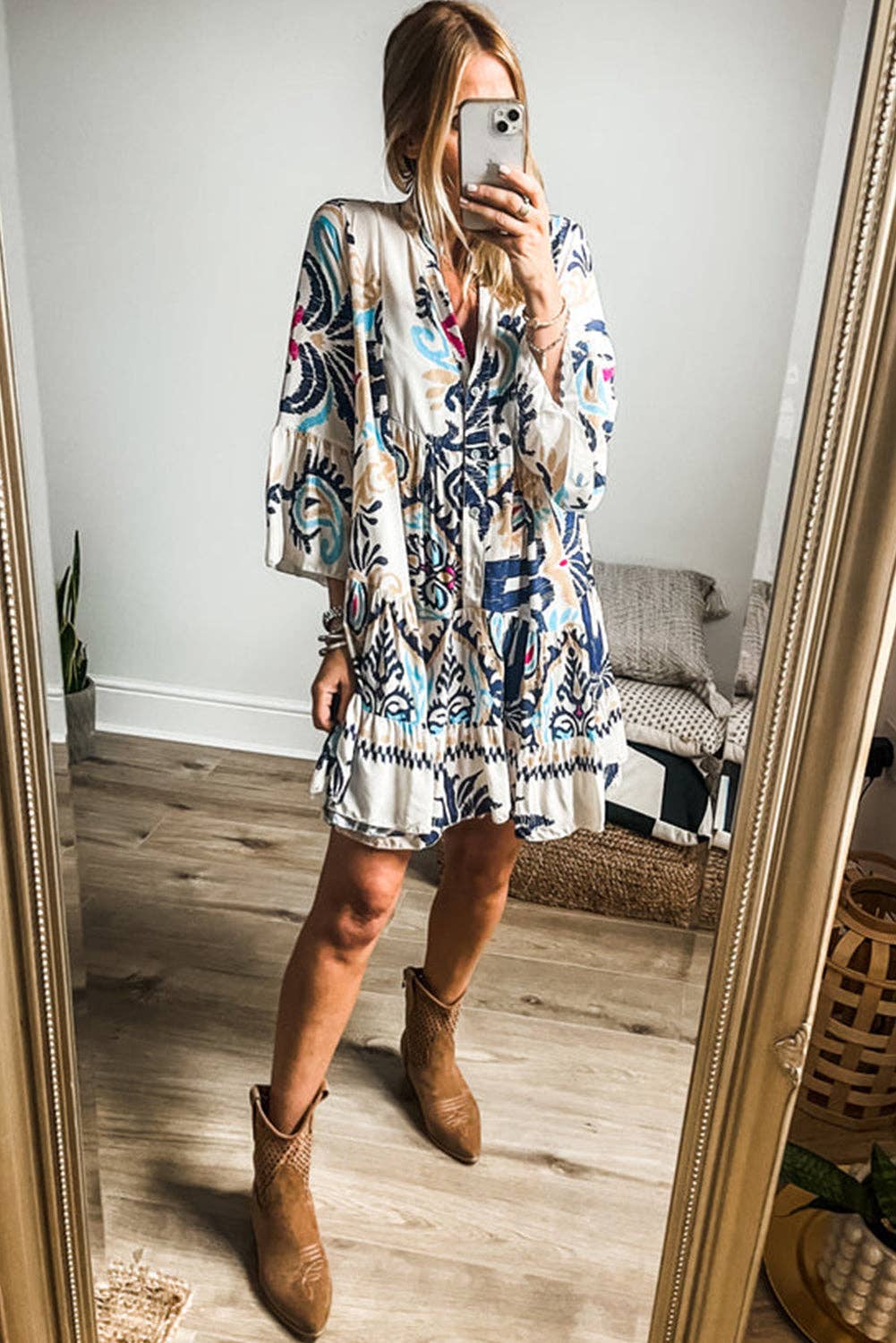 Boho Print Tiered Bell Sleeve Button Front Mini Dress