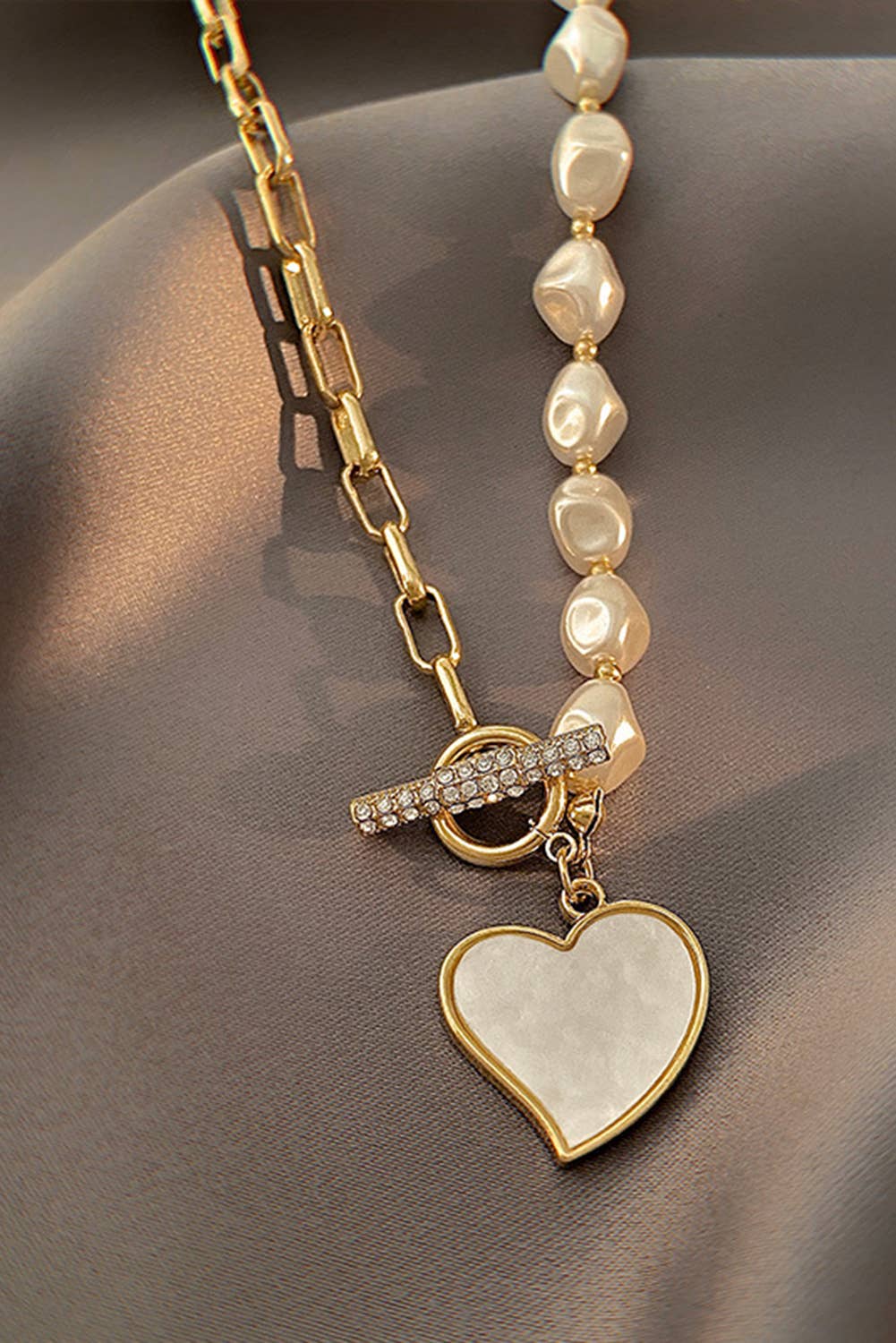 Heart Pendant Rhinestone Pearl Chain Necklace