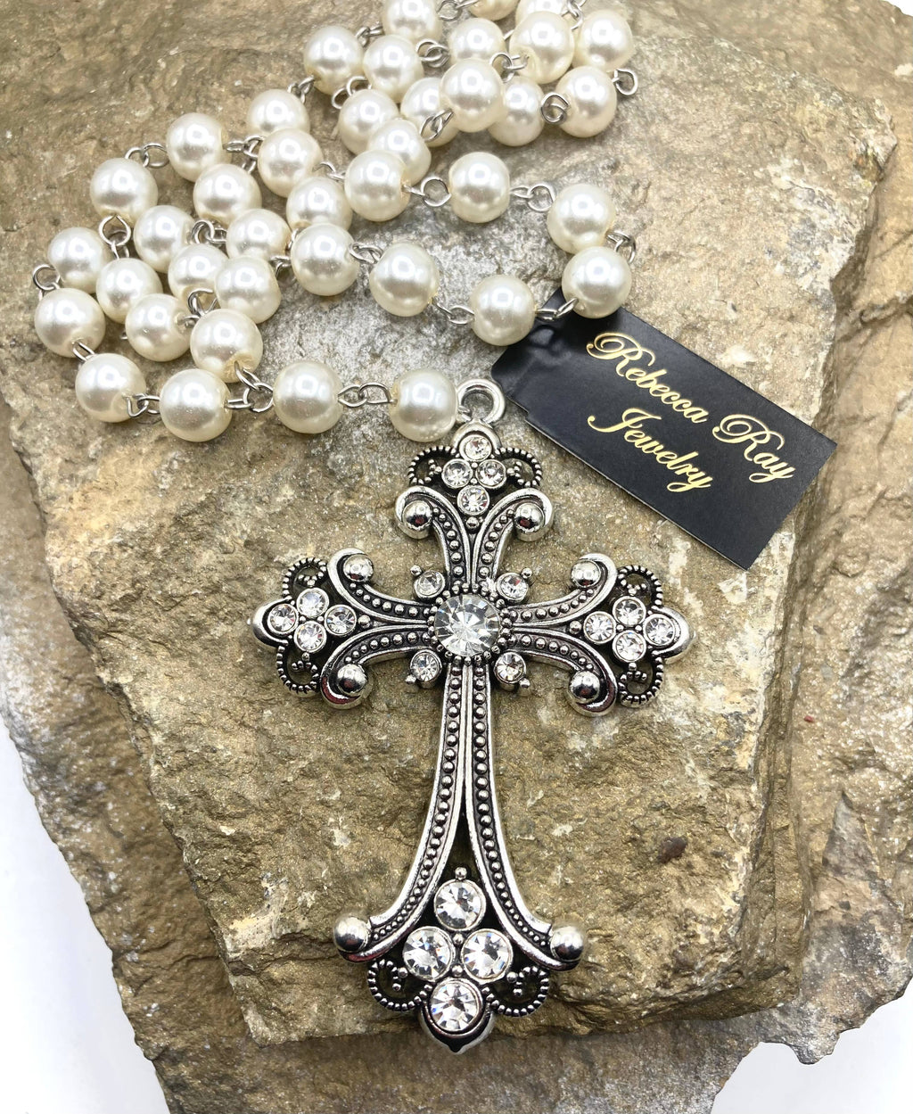 Vintage Pearl Beaded Cross Necklace