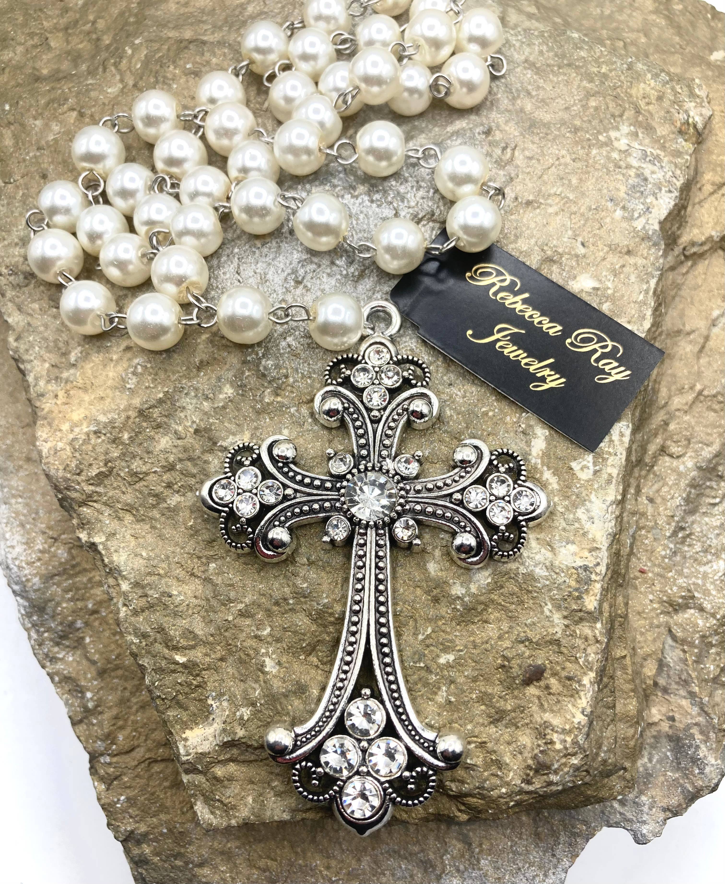 Vintage Pearl Beaded Cross Necklace