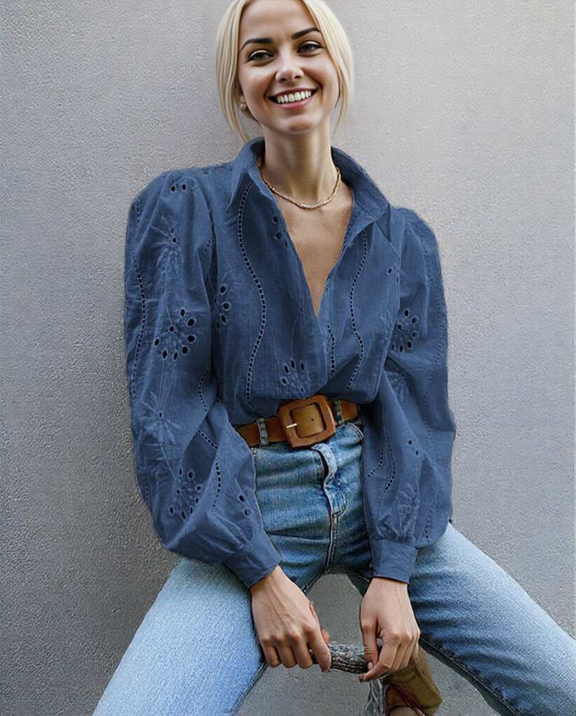 Embroidered Eyelet Long Sleeve Button-Up Blouse