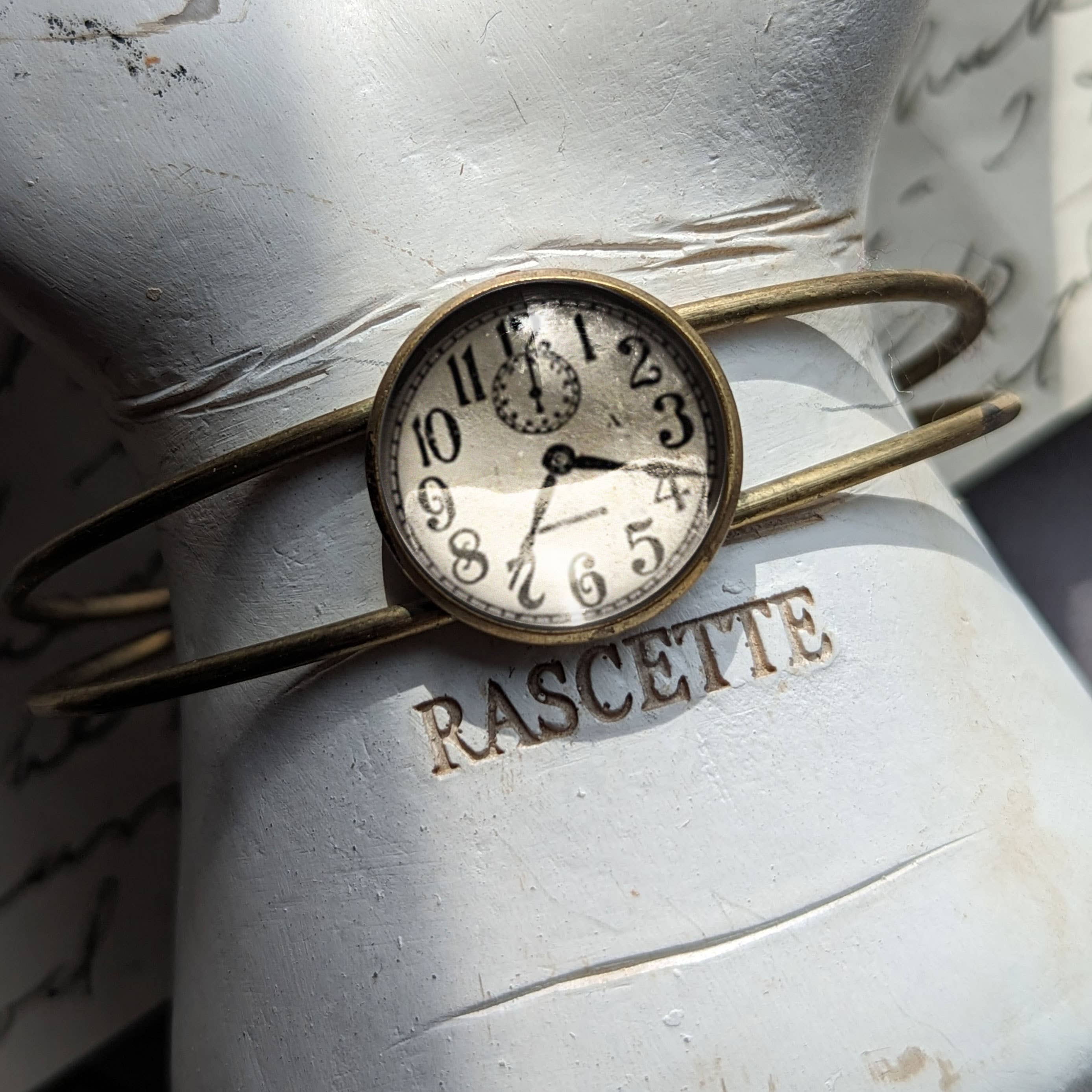 Edwardian Clock Steampunk Glass Cabochon Cuff Bracelet