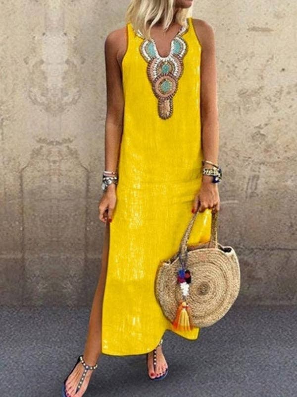 Loose Sleeveless Embroidered Split-Side V-Neck Maxi Dresses