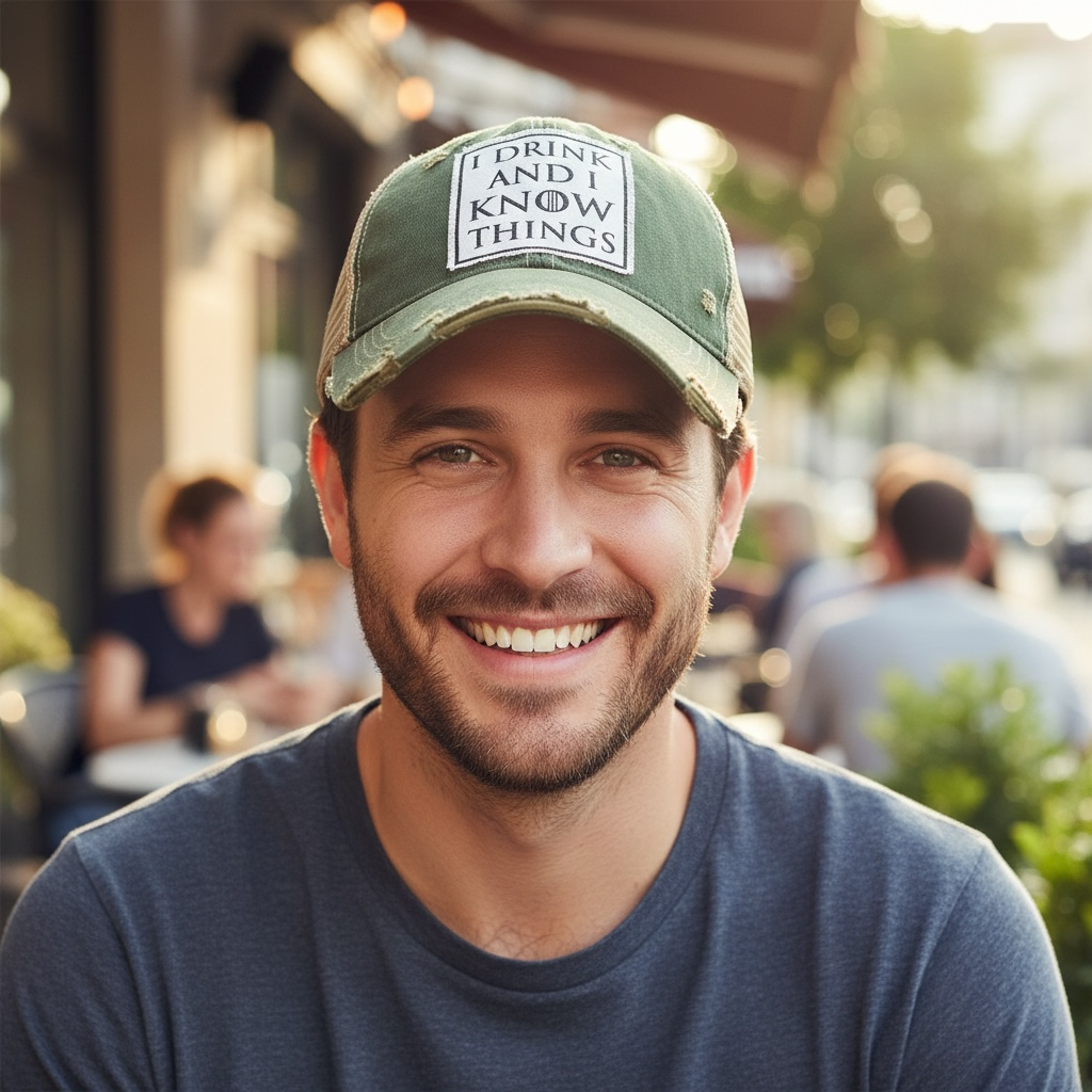 I Drink And I Know Things Distressed Trucker Cap Cap