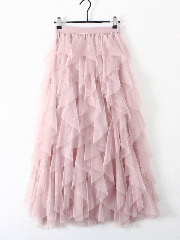 Original Irregular Mesh 4 Colors Falbala Pleated Elasticity Skirt