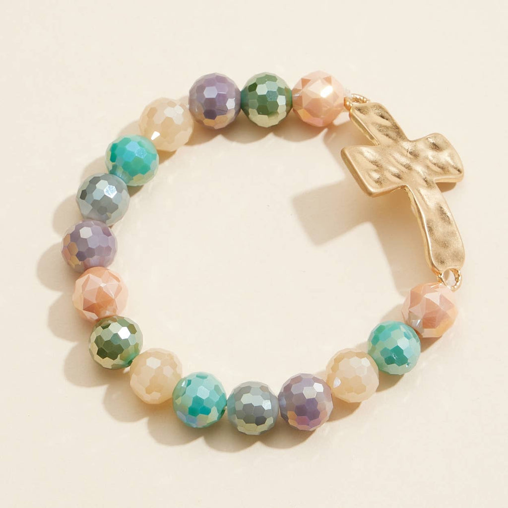 Cross Charm Glass Beaded Stretch Bracelet