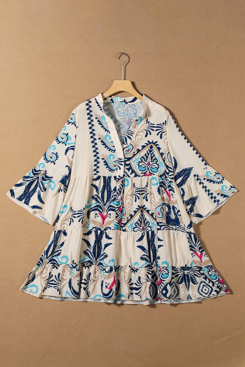 Boho Print Tiered Bell Sleeve Button Front Mini Dress