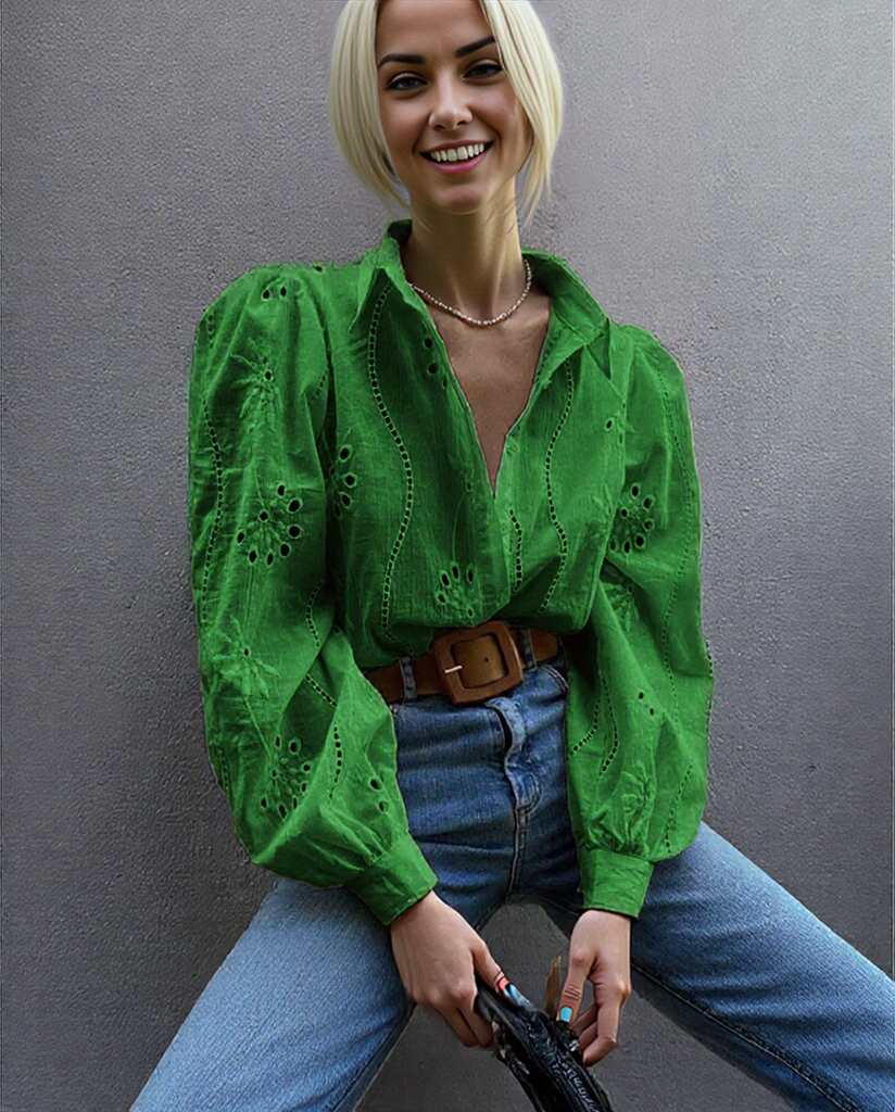 Embroidered Eyelet Long Sleeve Button-Up Blouse
