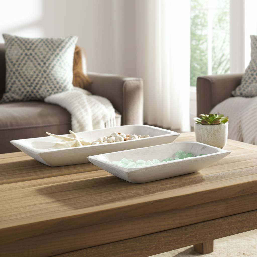 White 15/20 in. Wooden Rectangular Coastal Trays (Set of 2)