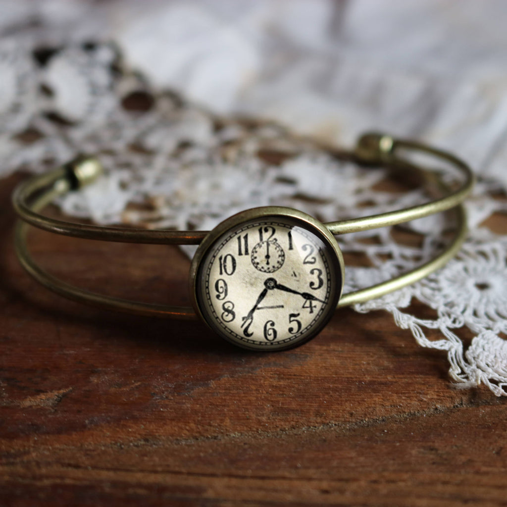 Edwardian Clock Steampunk Glass Cabochon Cuff Bracelet
