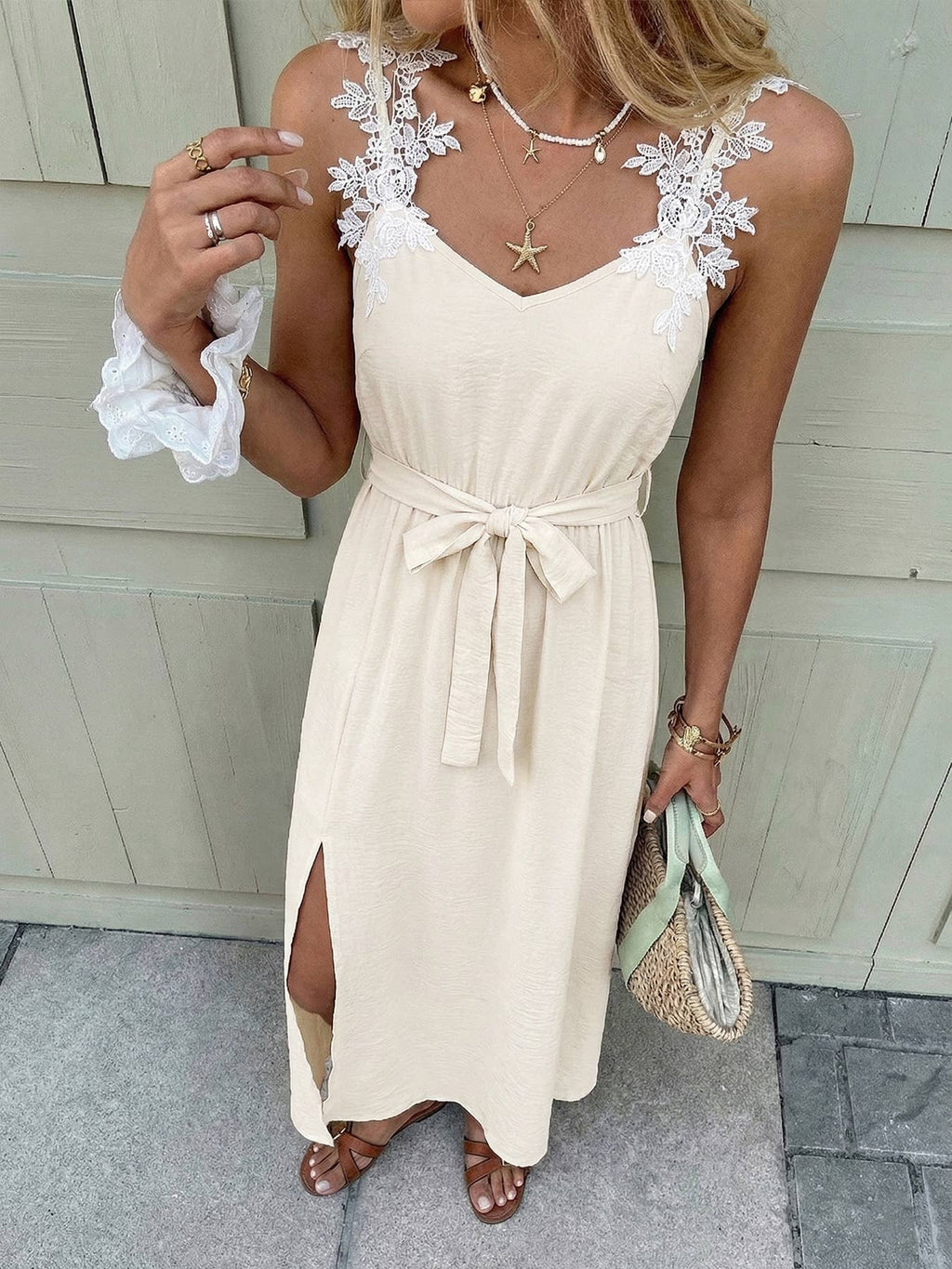 Sleeveless Lace Strap Maxi Dress with Tie Waist V Neck Front