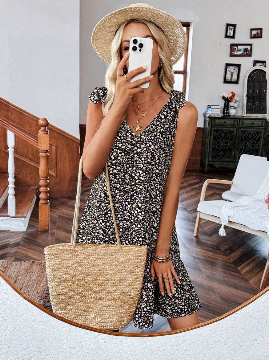 Floral V Neck Tie Shoulder Ruffle Hem Mini Dress