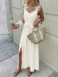 Sleeveless Lace Strap Maxi Dress with Tie Waist V Neck Front