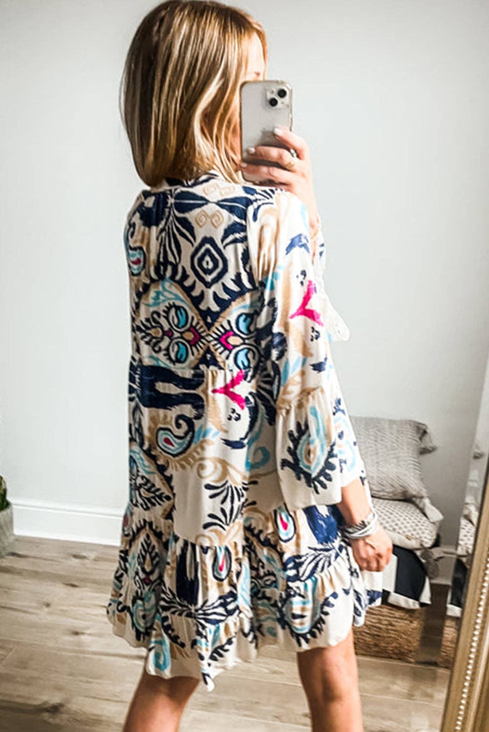 Boho Print Tiered Bell Sleeve Button Front Mini Dress