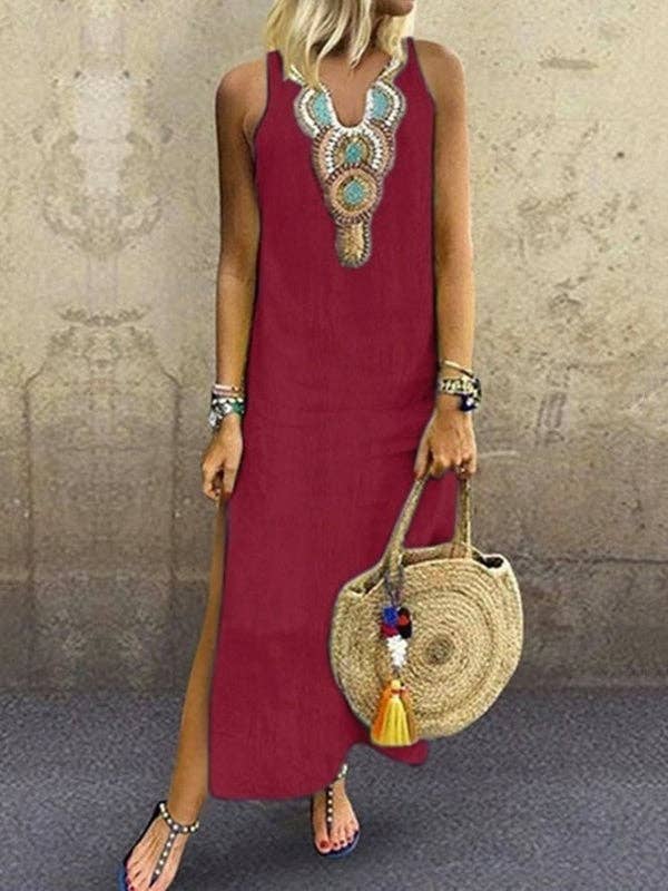 Loose Sleeveless Embroidered Split-Side V-Neck Maxi Dresses