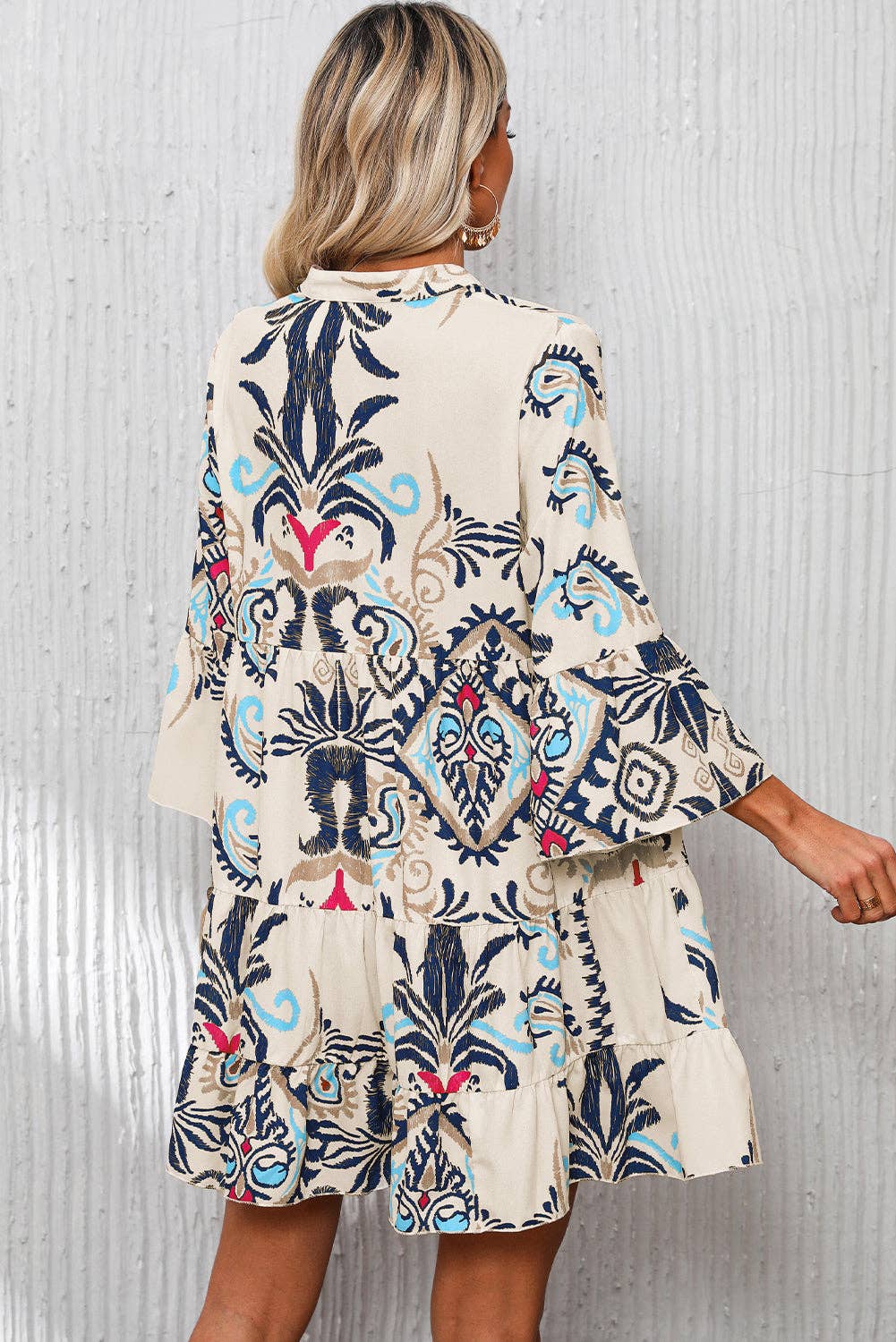 Boho Print Tiered Bell Sleeve Button Front Mini Dress