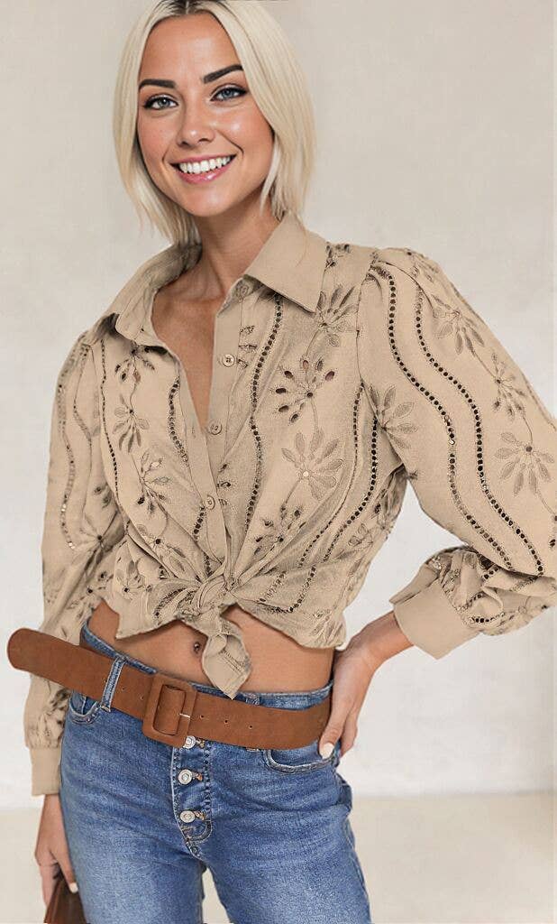 Embroidered Eyelet Long Sleeve Button-Up Blouse