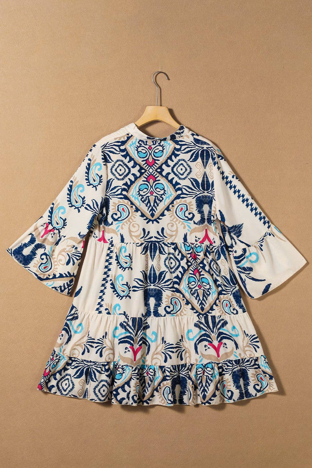 Boho Print Tiered Bell Sleeve Button Front Mini Dress