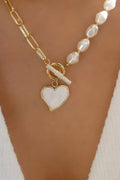 Heart Pendant Rhinestone Pearl Chain Necklace