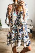 Boho Print Tiered Bell Sleeve Button Front Mini Dress