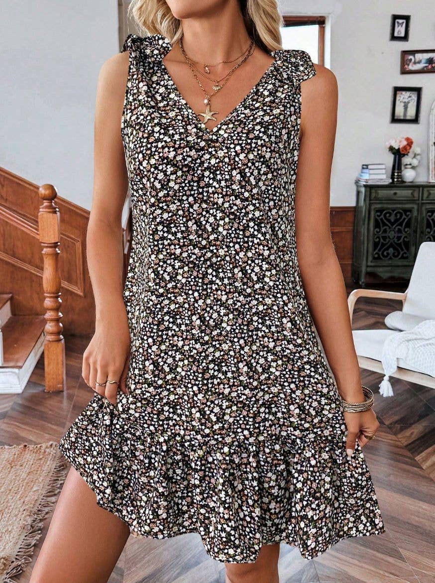 Floral V Neck Tie Shoulder Ruffle Hem Mini Dress