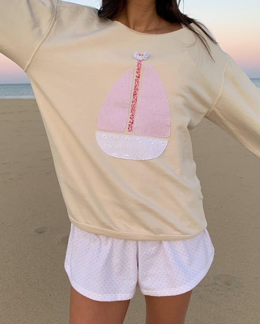 Long Sleeve Top with Sailboat Applique