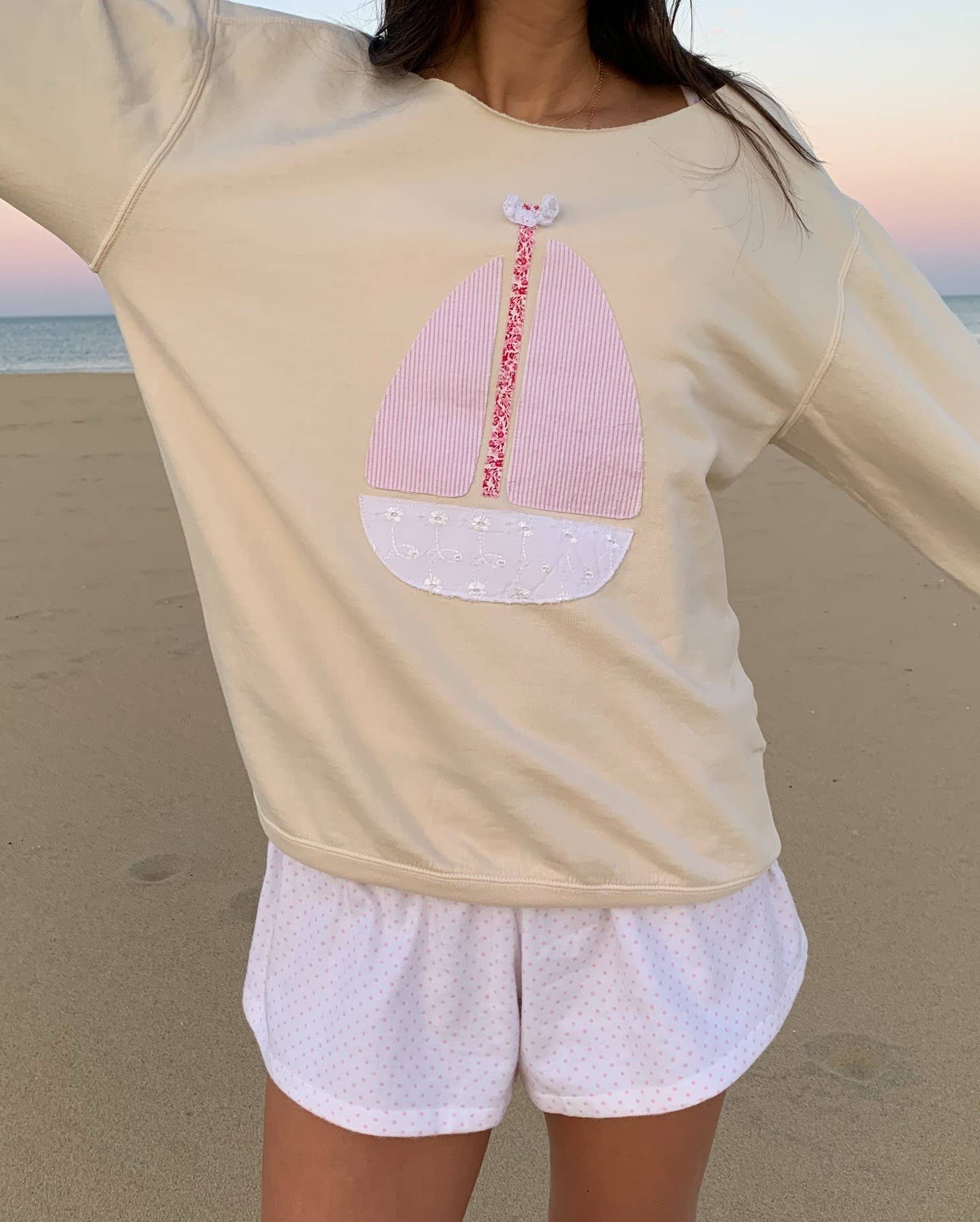 Long Sleeve Top with Sailboat Applique