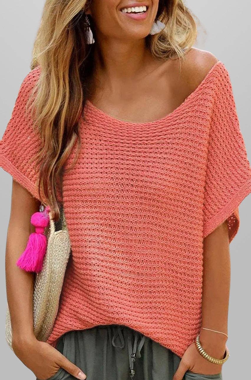 Loose Knit Short Sleeve Solid Color Summer Top