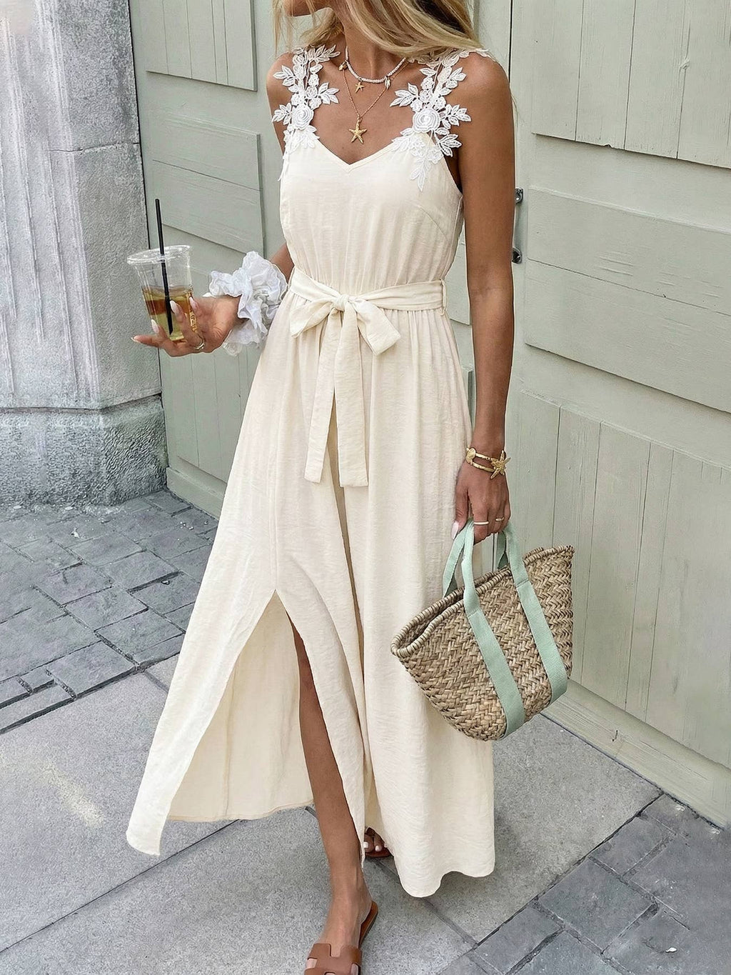 Sleeveless Lace Strap Maxi Dress with Tie Waist V Neck Front