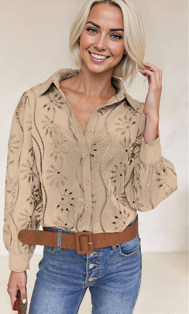 Embroidered Eyelet Long Sleeve Button-Up Blouse