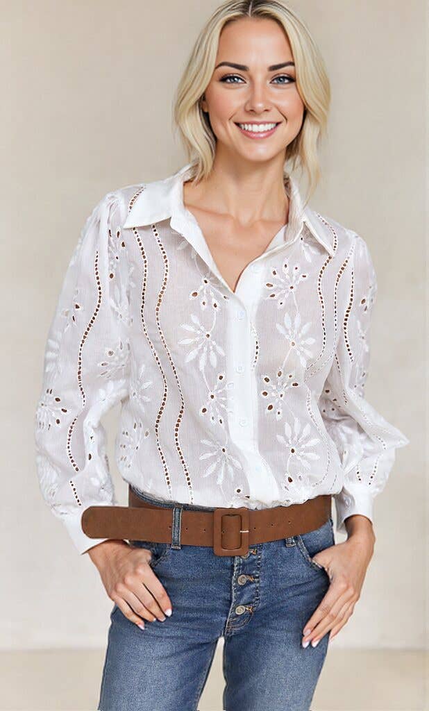 Embroidered Eyelet Long Sleeve Button-Up Blouse