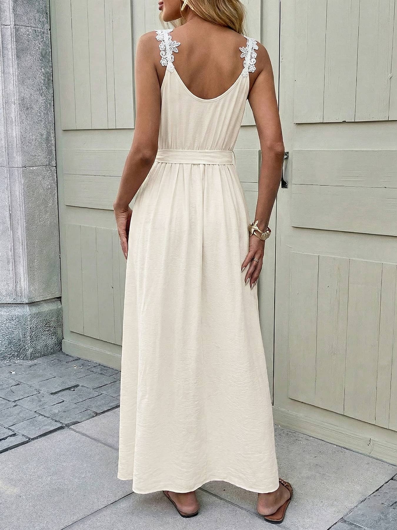 Sleeveless Lace Strap Maxi Dress with Tie Waist V Neck Front