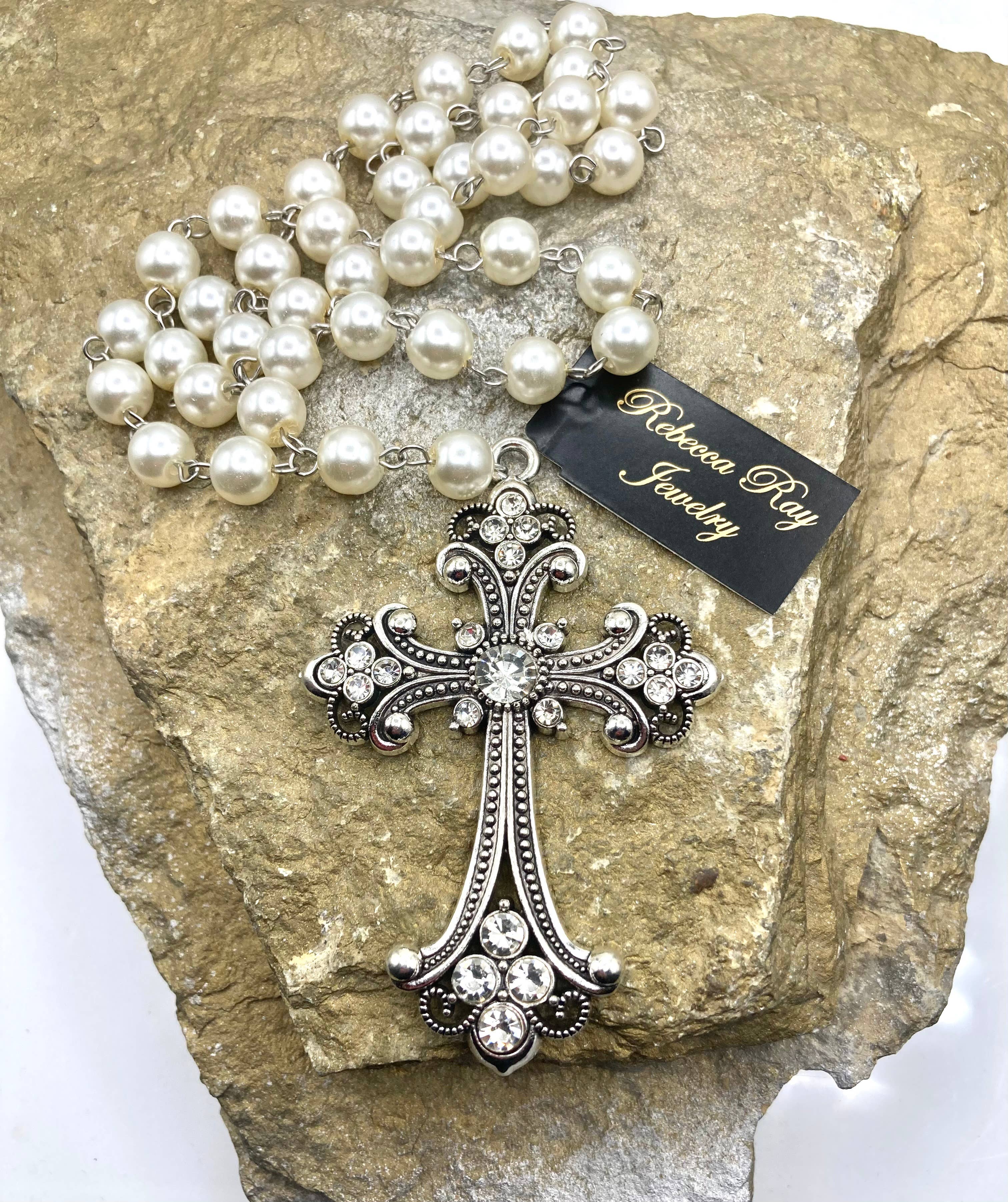 Vintage Pearl Beaded Cross Necklace