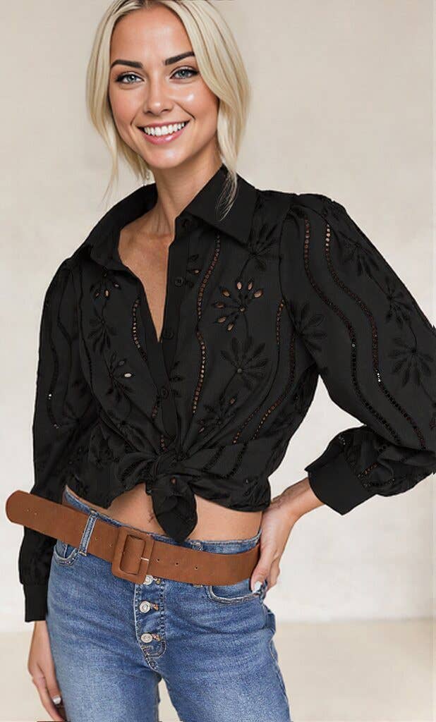 Embroidered Eyelet Long Sleeve Button-Up Blouse