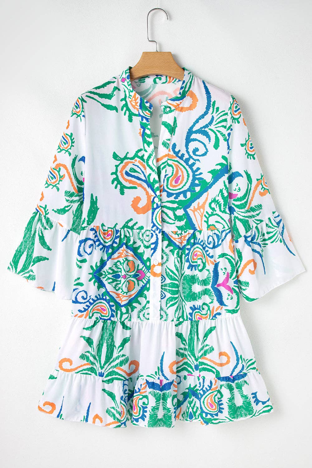 Boho Print Tiered Bell Sleeve Button Front Mini Dress