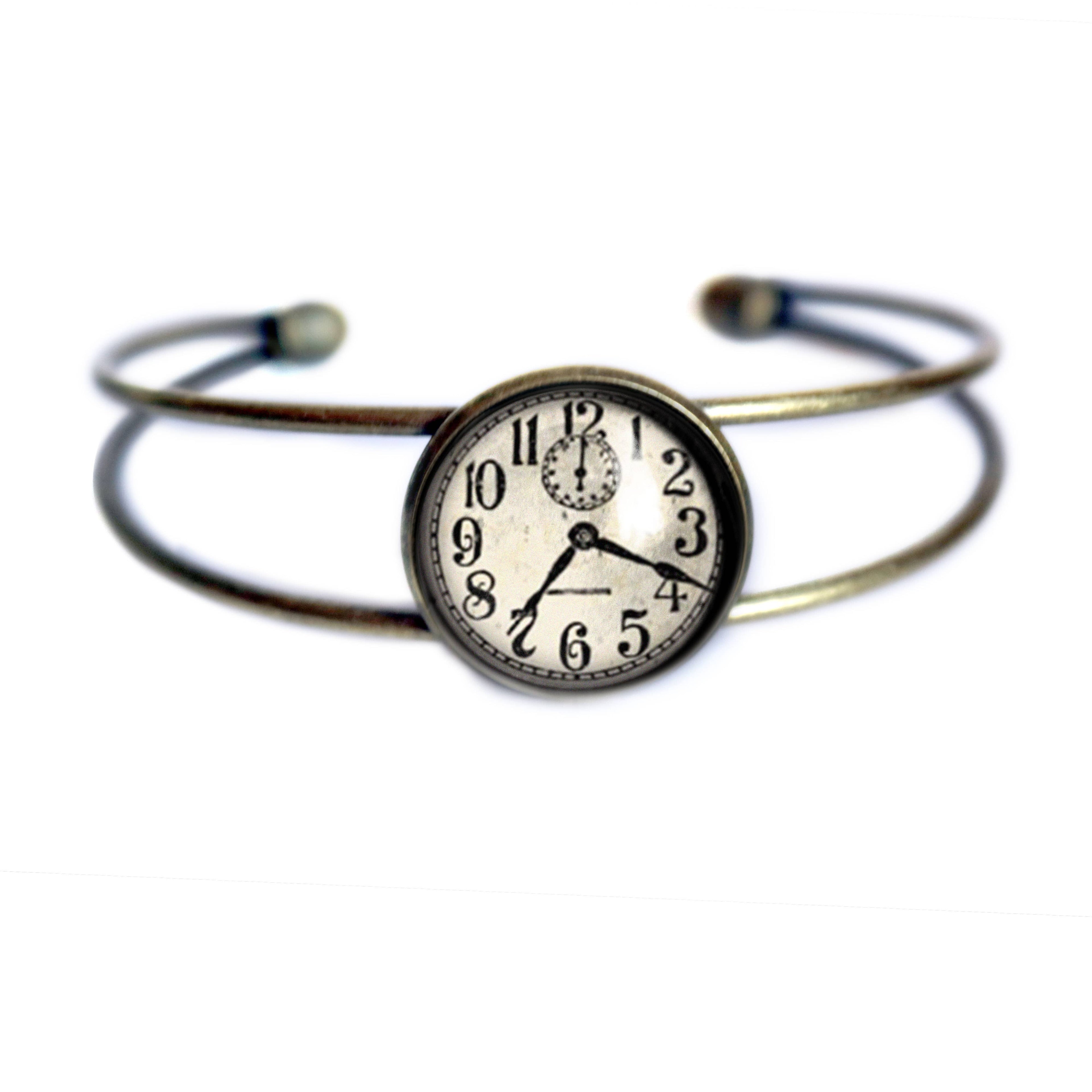 Edwardian Clock Steampunk Glass Cabochon Cuff Bracelet