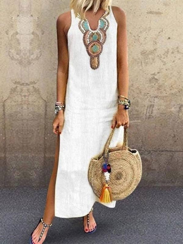 Loose Sleeveless Embroidered Split-Side V-Neck Maxi Dresses