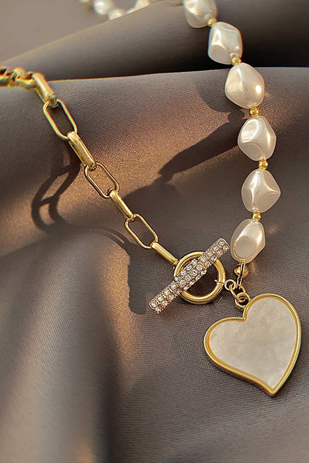 Heart Pendant Rhinestone Pearl Chain Necklace