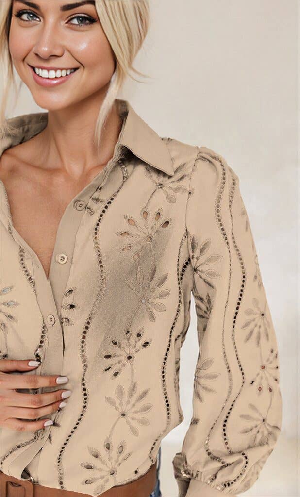 Embroidered Eyelet Long Sleeve Button-Up Blouse