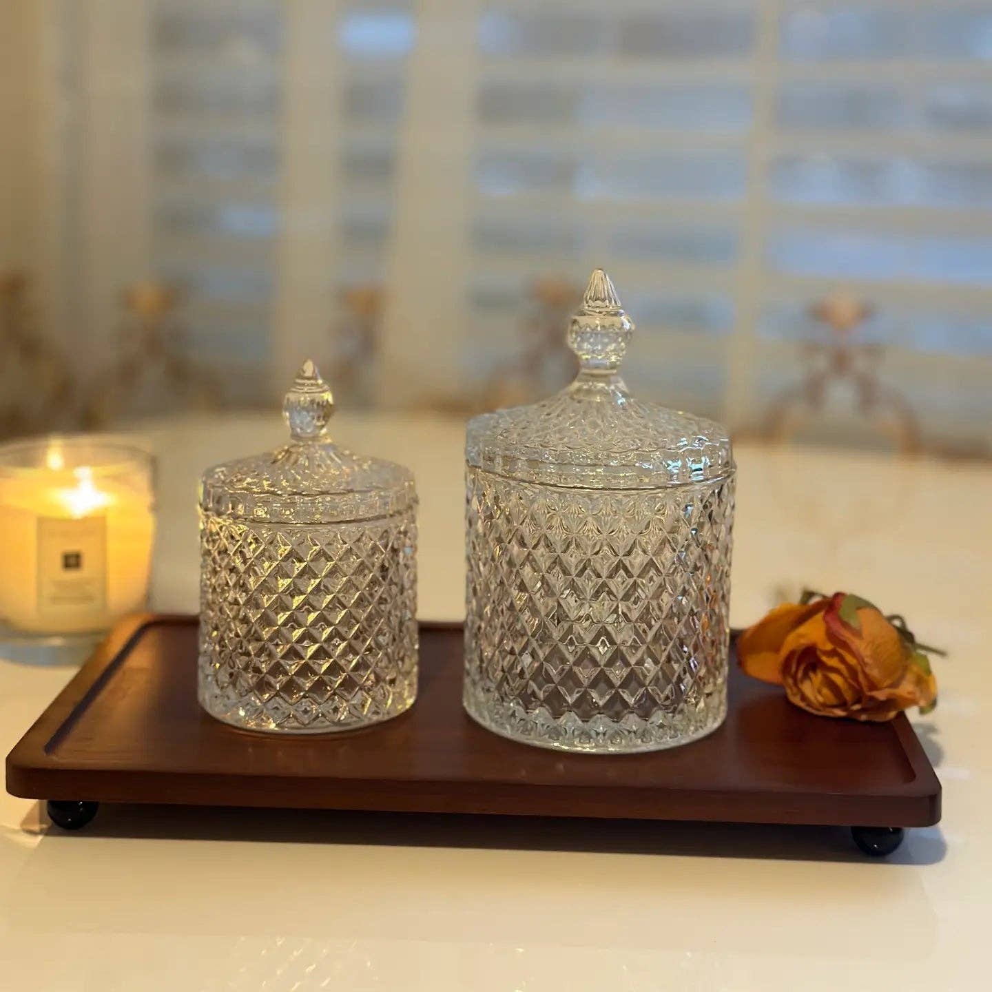 Diamond-Cut Crystal Glass Storage Jar Set