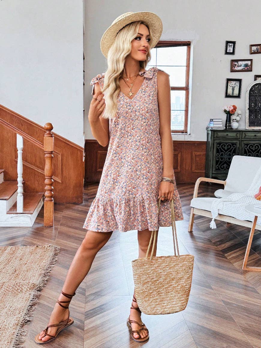 Floral V Neck Tie Shoulder Ruffle Hem Mini Dress