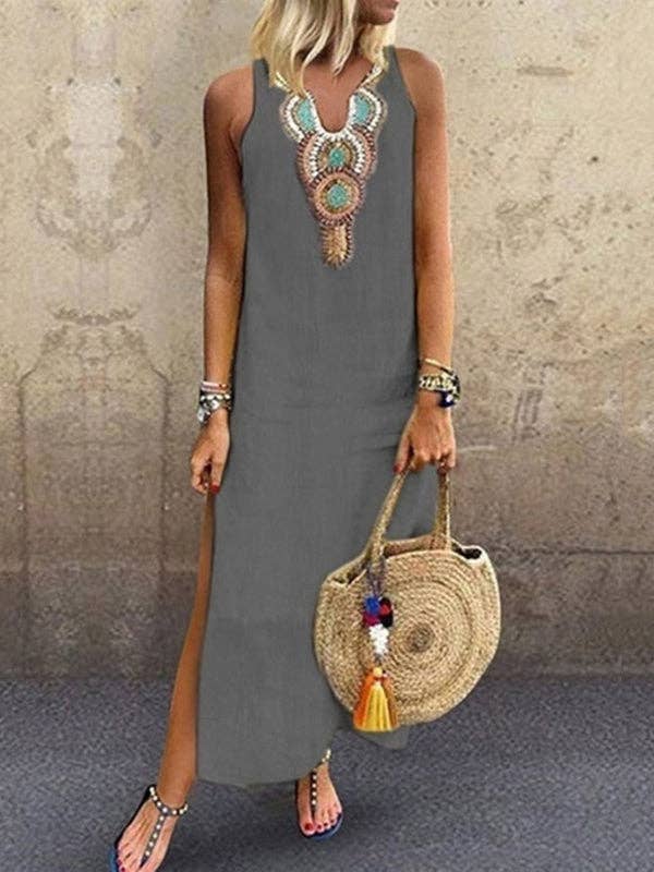 Loose Sleeveless Embroidered Split-Side V-Neck Maxi Dresses