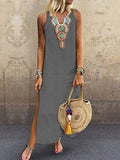 Loose Sleeveless Embroidered Split-Side V-Neck Maxi Dresses