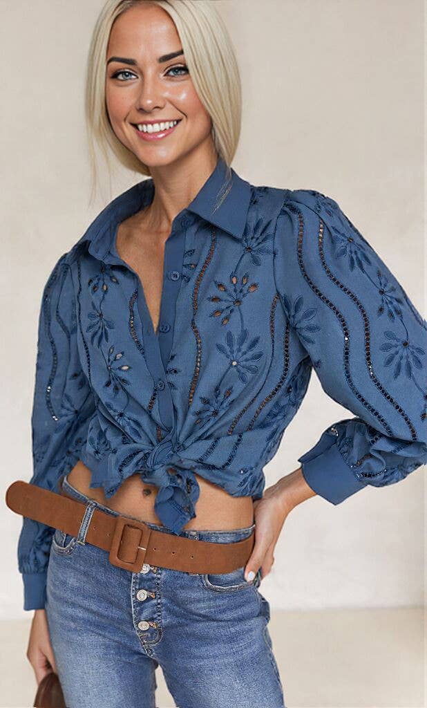 Embroidered Eyelet Long Sleeve Button-Up Blouse
