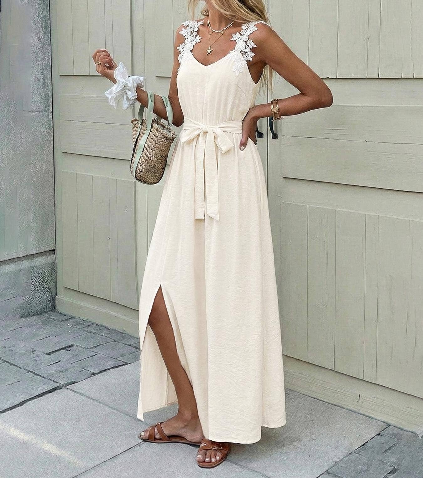 Sleeveless Lace Strap Maxi Dress with Tie Waist V Neck Front
