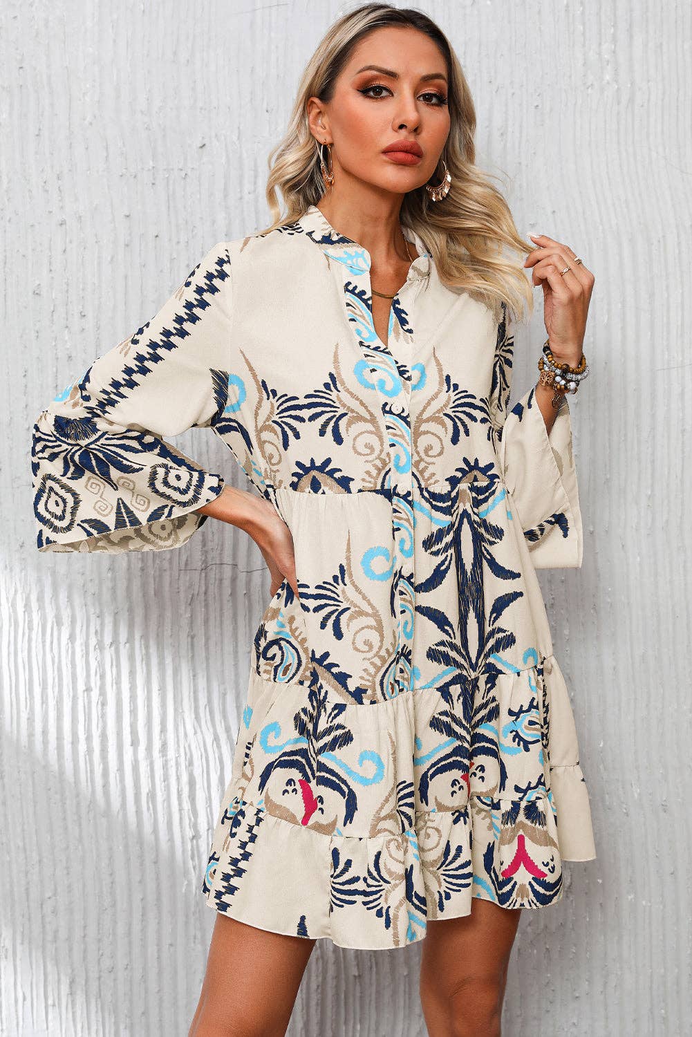 Boho Print Tiered Bell Sleeve Button Front Mini Dress