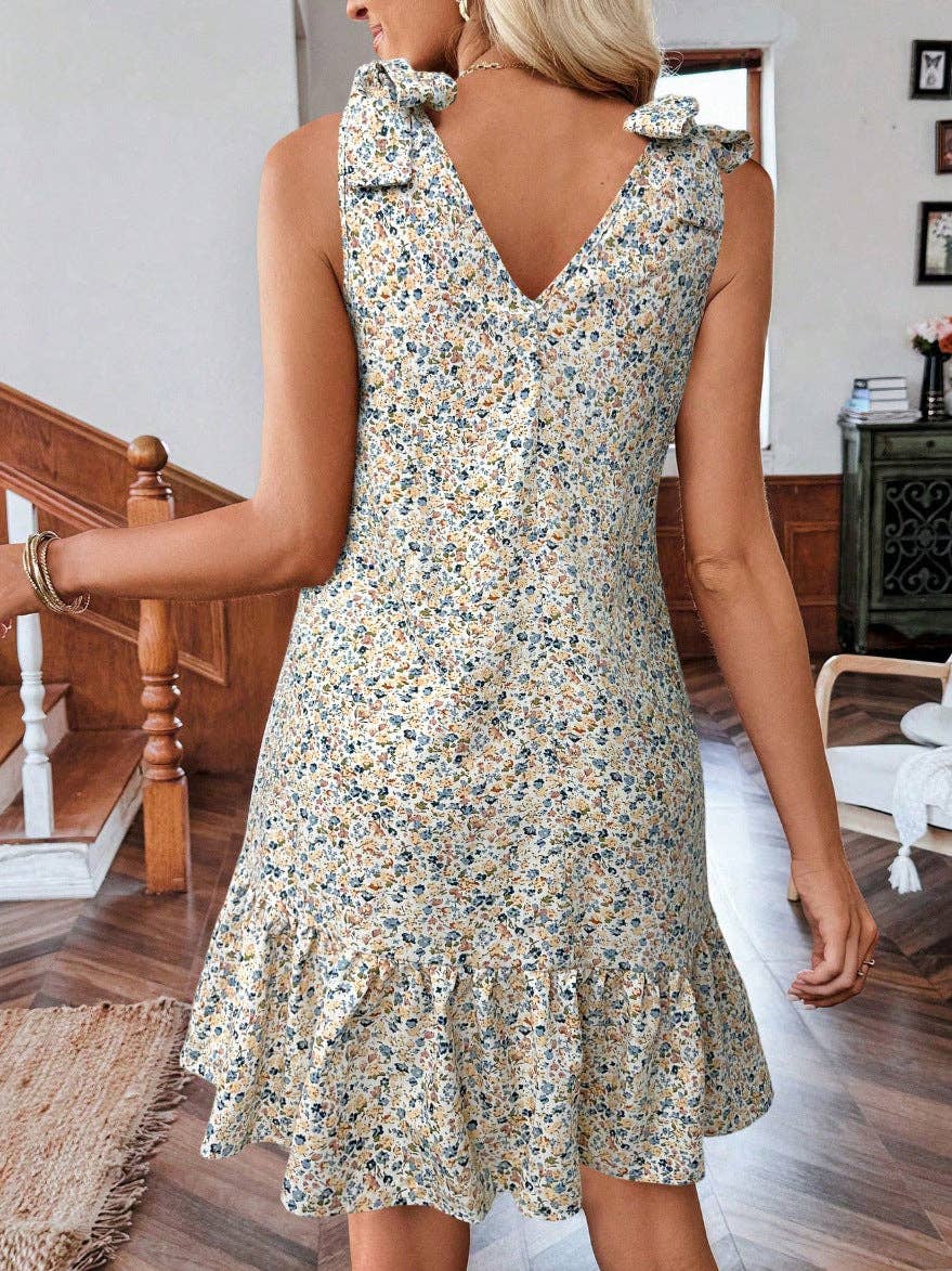 Floral V Neck Tie Shoulder Ruffle Hem Mini Dress