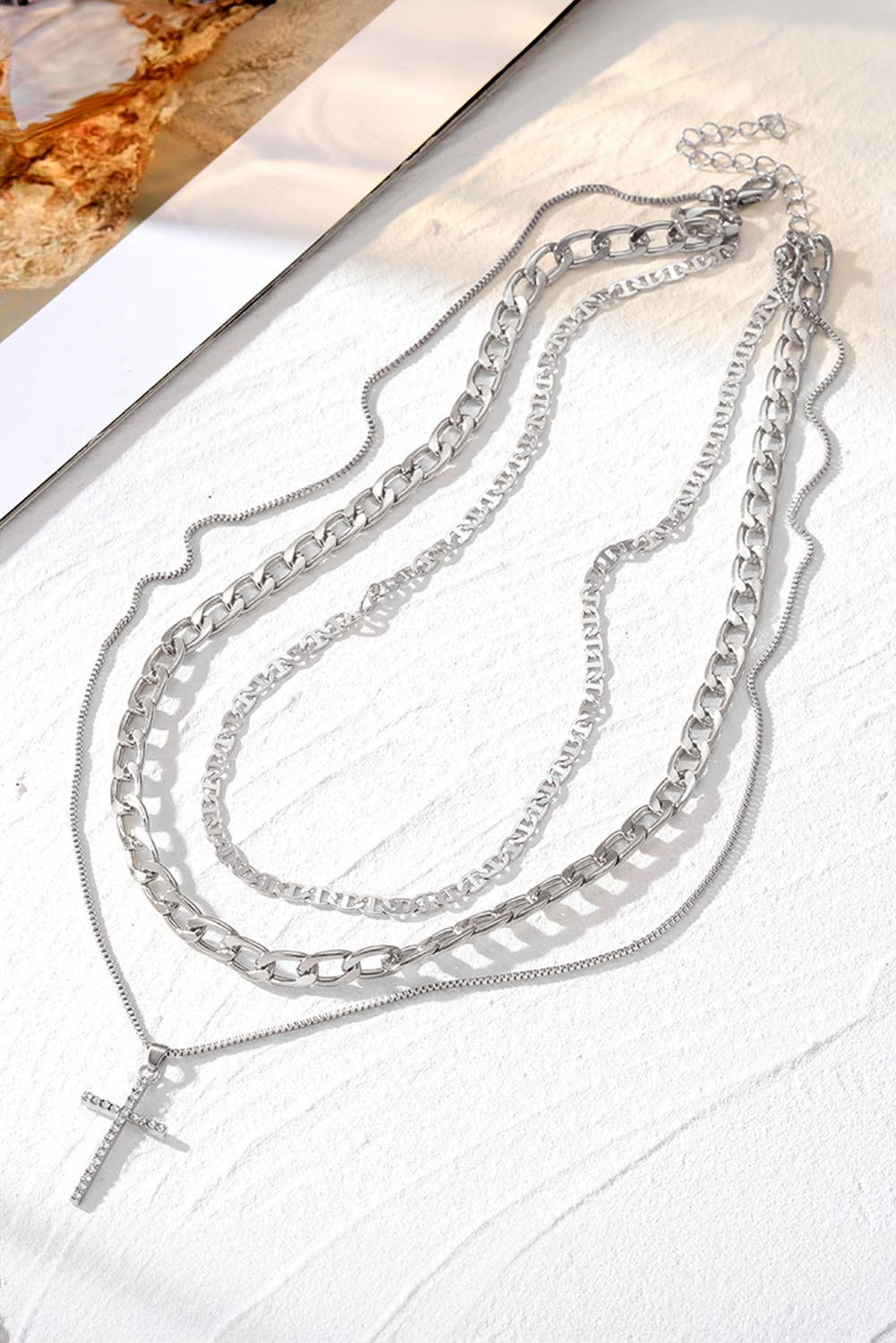 LDC Plated Cross Pendant Multi Layer Stacked Chains Necklace