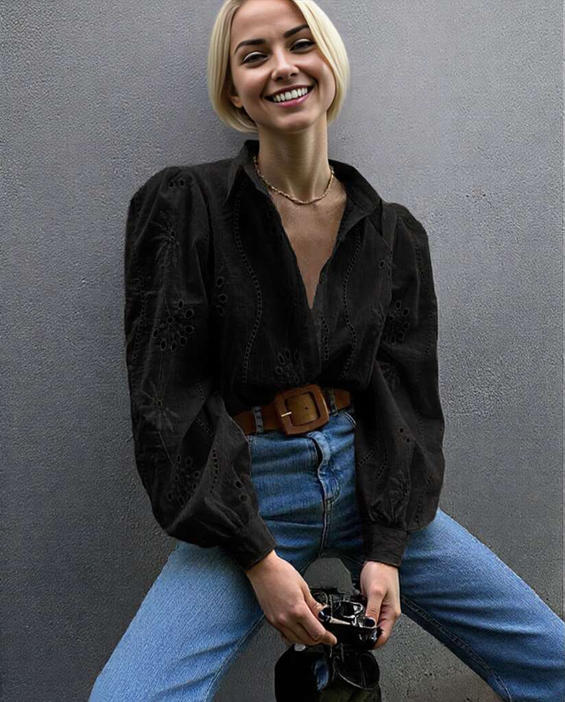 Embroidered Eyelet Long Sleeve Button-Up Blouse