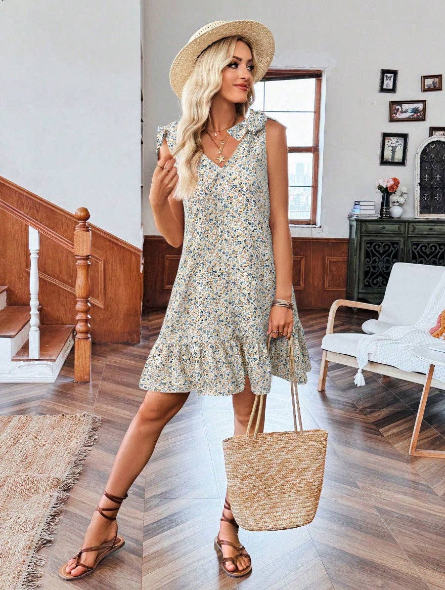 Floral V Neck Tie Shoulder Ruffle Hem Mini Dress